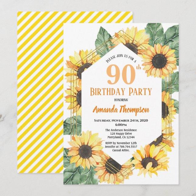 Sunflower 90th Birthday Party Celebration Women Invitation (Front/Back)