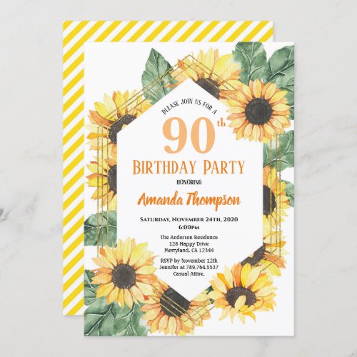 Sunflower 90th Birthday Party Celebration Women Invitation