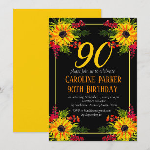 Sunflower 90th Birthday Yellow Floral Adult Invitation