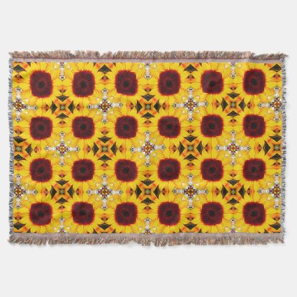 Sunflower Abstract Pattern Cotton Fringed Throw Throw Blanket