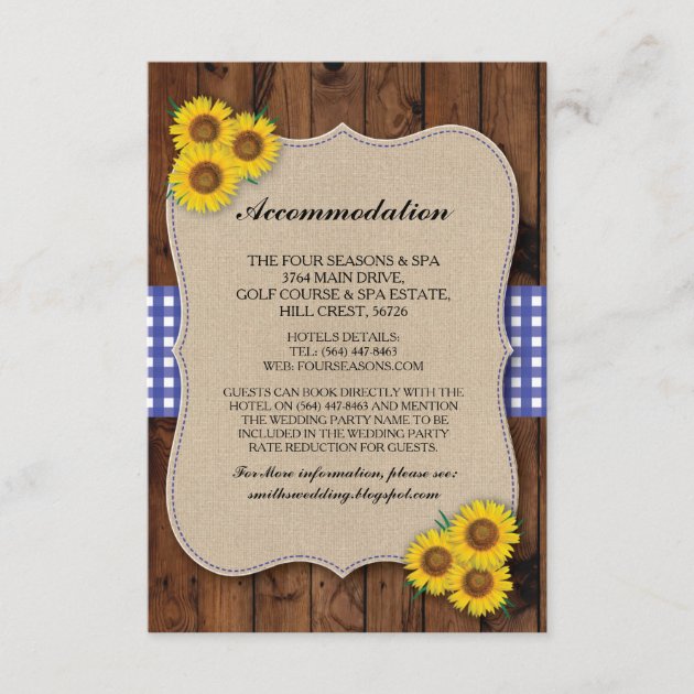 Sunflower Accommodation Burlap Blue Wedding Cards