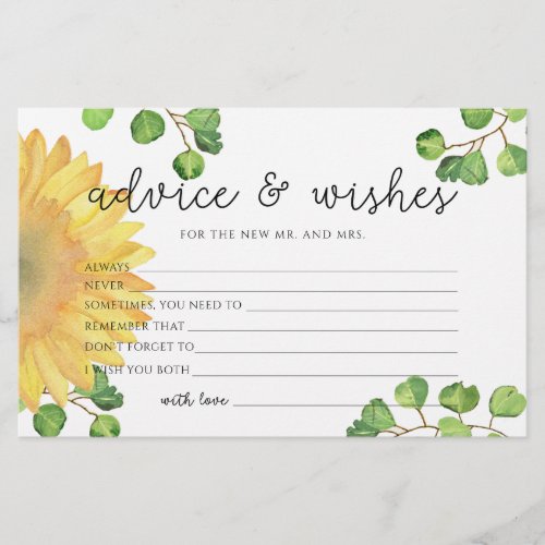 Sunflower advice and wishes bridal shower statione stationery