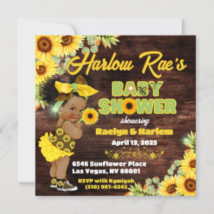 Sunflower Afro Baby Girl-Yellow Rustic Baby Shower Invitation