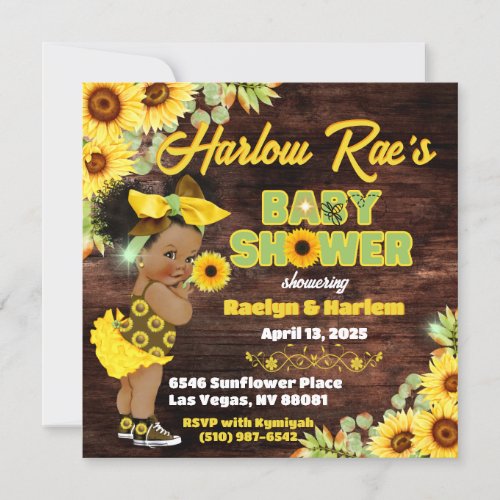 Sunflower Afro Baby Girl_Yellow Rustic Baby Shower Invitation