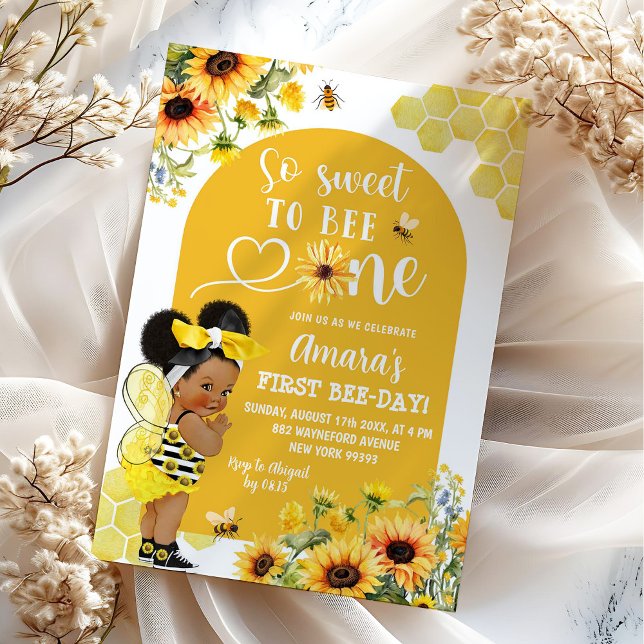 Sunflower Afro Girl Honey First Bee-Day Birthday Invitation (Creator Uploaded)