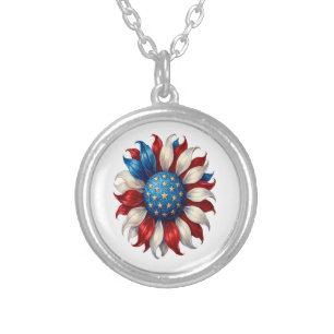Sunflower American Flag 4Th Of July Silver Plated Necklace