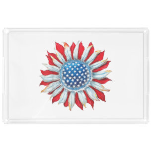 Sunflower American Flag 4th of July Women Men Meri Acrylic Tray