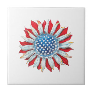 Sunflower American Flag 4th of July Women Men Meri Ceramic Tile