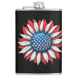 Sunflower American Flag 4th of July Women Men Meri Flask