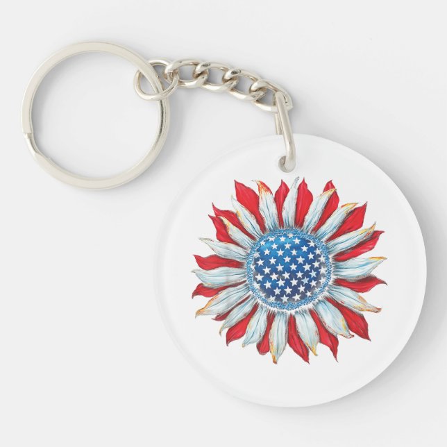 Sunflower American Flag 4th of July Women Men Meri Keychain (Front)