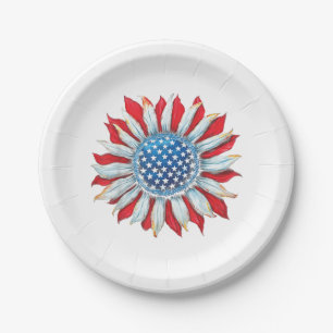 Sunflower American Flag 4th of July Women Men Meri Paper Plates