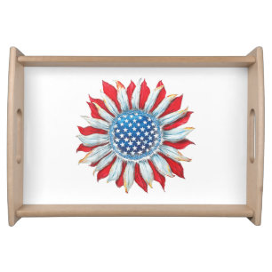 Sunflower American Flag 4th of July Women Men Meri Serving Tray