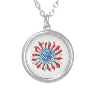Sunflower American Flag 4th of July Women Men Meri Silver Plated Necklace