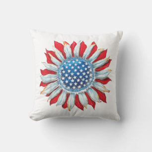 Sunflower American Flag 4th of July Women Men Meri Throw Pillow