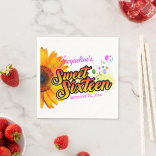 Sunflower and Balloons on White Sweet Sixteen Napkins