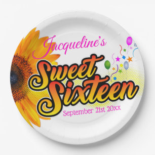 Sunflower and Balloons on White Sweet Sixteen Paper Plates