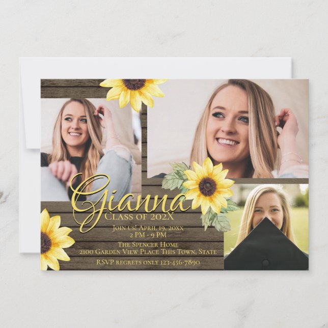 Sunflower and Barn Wood Graduate Photo Invitation (Front)