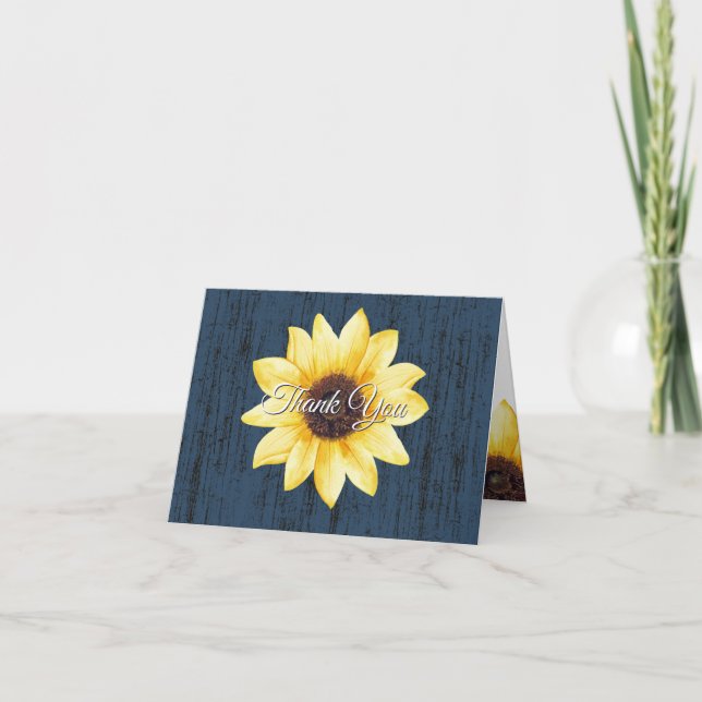 Sunflower and Barn Wood Thank You Blue Card (Front)