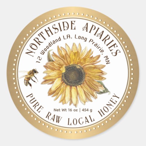 Sunflower and Bee Honey Label Gold Dotted Border  
