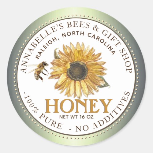 Sunflower and Bee Honey Label Green Border