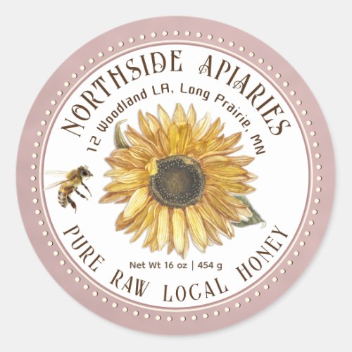 Sunflower and Bee Honey Label Rose Dotted Border  