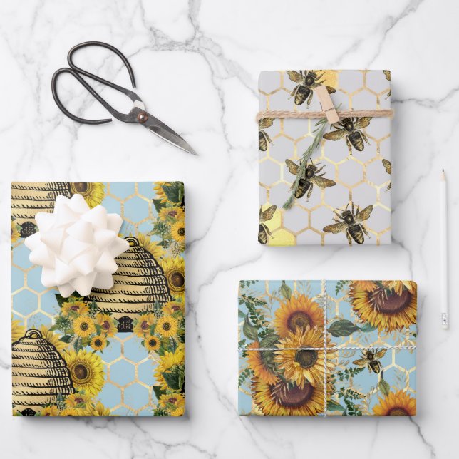 Sunflower and Bee Series Design Four Wrapping Paper Sheets (Front)