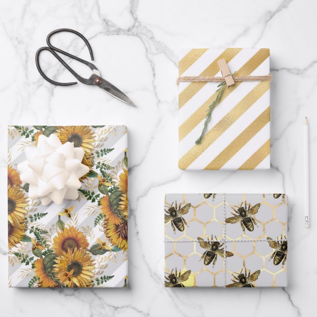 Sunflower and Bee Series Design Three Wrapping Paper Sheets (Front)