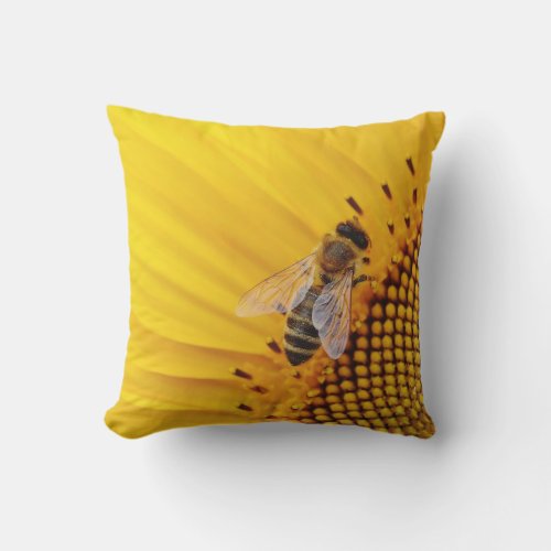 Sunflower and Bee Yellow Outdoor Pillow