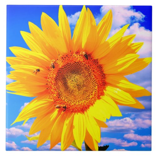Sunflower and Bees Ceramic Tile