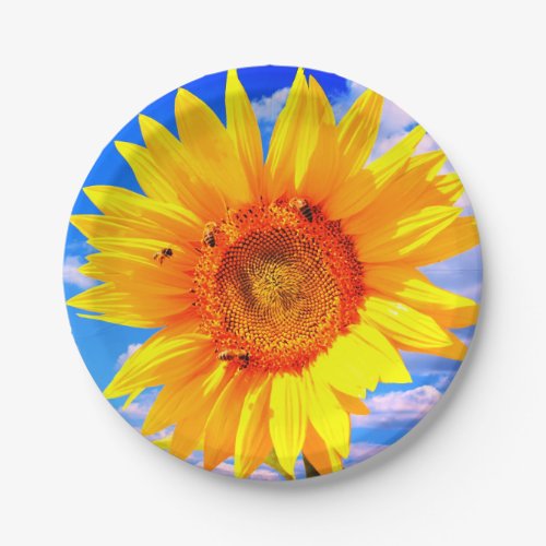 Sunflower and Bees on Blue Sky Paper Plates