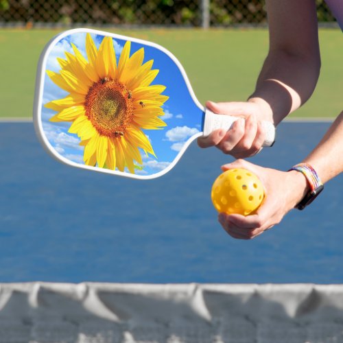 Sunflower and Bees On Blue Sky Pickleball Paddle