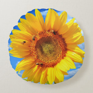 Sunflower and Bees Round Pillow