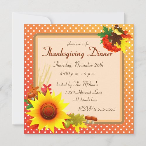Sunflower and Bird Orange Thanksgiving Invitation