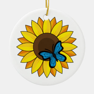 Sunflower and Blue Butterfly Ceramic Ornament