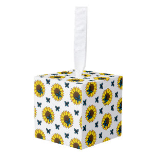 Sunflower and Blue Butterfly Cube Ornament