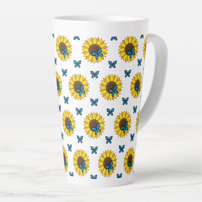 Sunflower and Blue Butterfly Latte Mug (Right Angle)