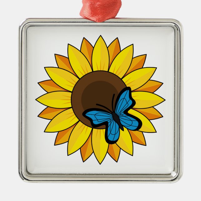 Sunflower and Blue Butterfly Metal Ornament (Front)