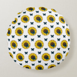 Sunflower and Blue Butterfly Round Pillow