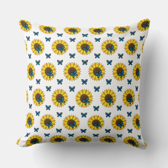 Sunflower and Blue Butterfly Throw Pillow (Front)