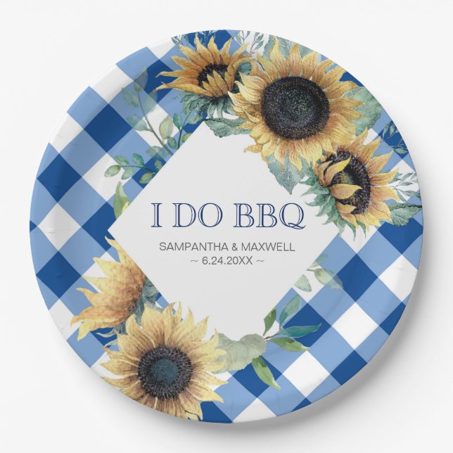 Sunflower and Blue Gingham I Do BBQ Paper Plates (Front)