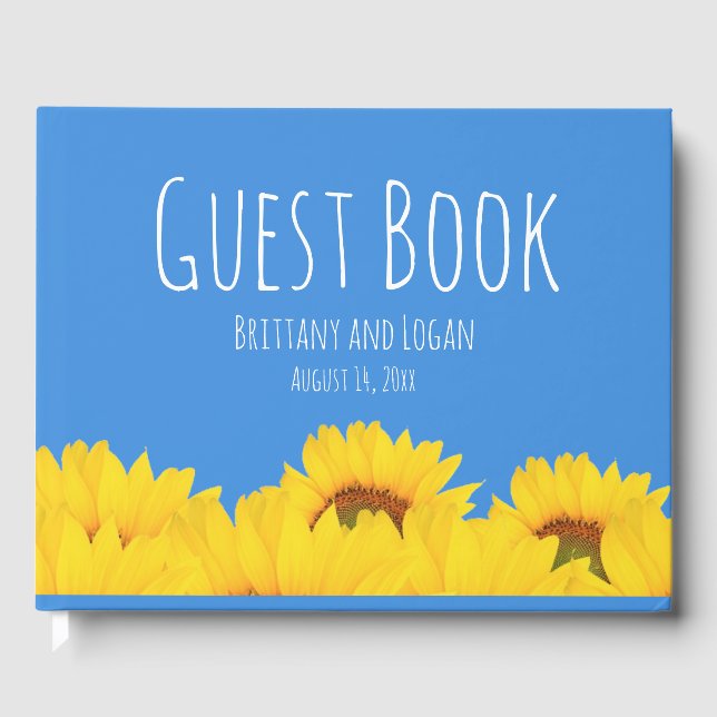 Sunflower and Blue Personalized Summer Wedding Guest Book (Front)