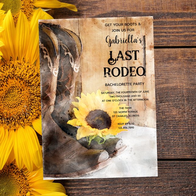 Sunflower and Boots Last Rodeo Bachelorette Party Invitation (Creator Uploaded)