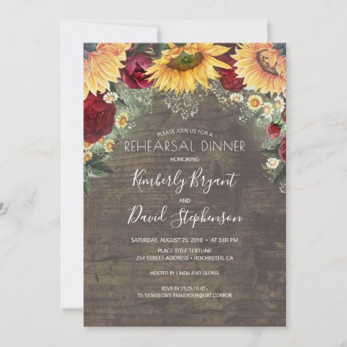 Sunflower and Burgundy Red Rose Rehearsal Dinner Invitation