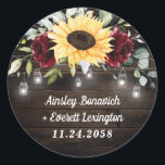 Sunflower and Burgundy Red Rose Rustic Wedding Classic Round Sticker<br><div class="desc">Design features a barn wood grain background decorated with a floral element at the top that consists of watercolor garden eucalyptus,  greenery,  burgundy red roses and a sunflower. Design also features twinkle string lights with country rustic lighted mason jars.</div>