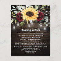 Sunflower and Burgundy Red Rose Rustic Wedding Enclosure Card