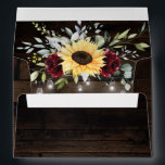 Sunflower and Burgundy Red Rose Rustic Wedding Envelope<br><div class="desc">Design features a barn wood grain background decorated with a floral element at the top (inside) that consists of watercolor garden eucalyptus,  greenery,  burgundy red roses and a sunflower. Design also features twinkle string lights with country rustic lighted mason jars.</div>