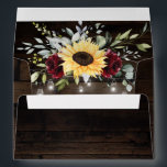 Sunflower and Burgundy Red Rose Rustic Wedding Envelope<br><div class="desc">Design features a barn wood grain background decorated with a floral element at the top (inside) that consists of watercolor garden eucalyptus,  greenery,  burgundy red roses and a sunflower. Design also features twinkle string lights with country rustic lighted mason jars.</div>
