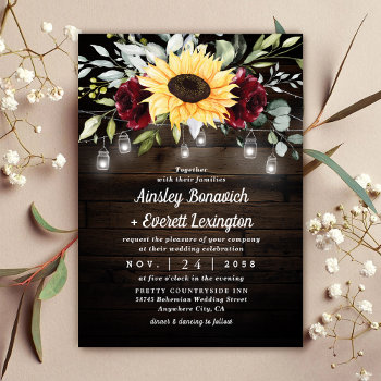 Sunflower And Burgundy Red Rose Rustic Wedding Invitation by RusticWeddings at Zazzle