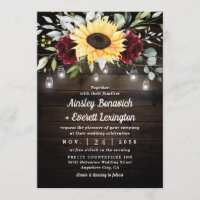 Sunflower and Burgundy Red Rose Rustic Wedding Invitation