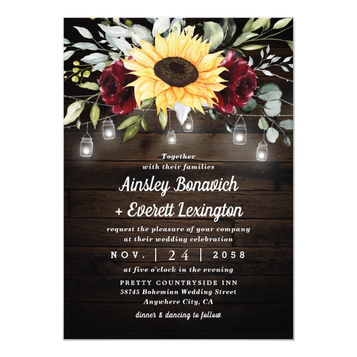 Sunflower and Burgundy Red Rose Rustic Wedding Invitation